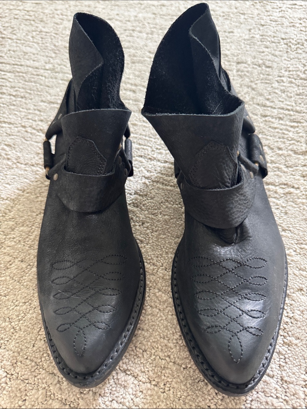 Anine Bing Black Leather Harness Western Ankle Boots Booties EU 39